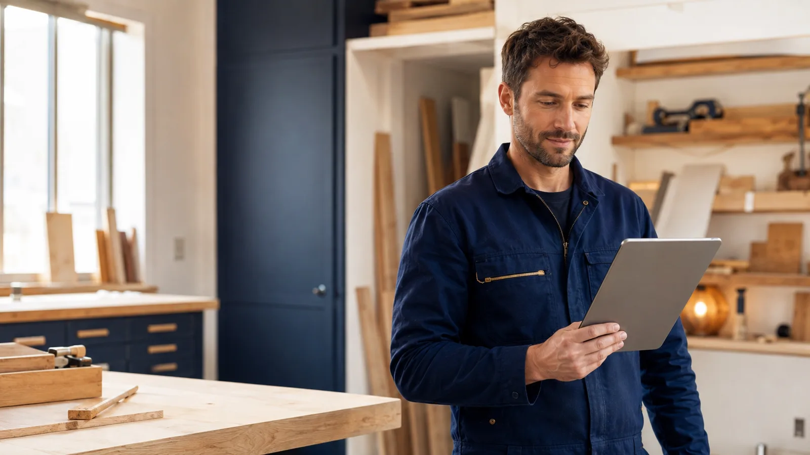 Un artisan consulte sa gestion sur une tablette dans son atelier